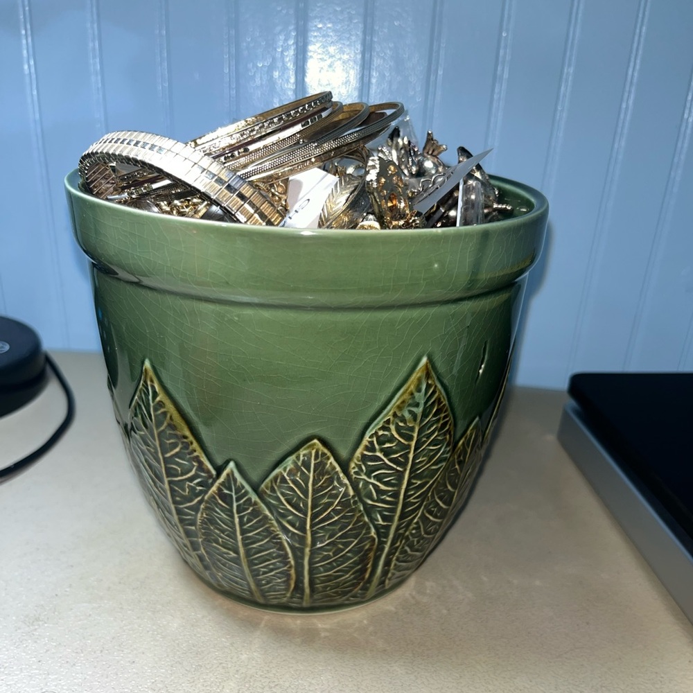 Gold Costume Jewelry Mystery Jewelry Jar in Green Leaf Patterned Ceramic Pot